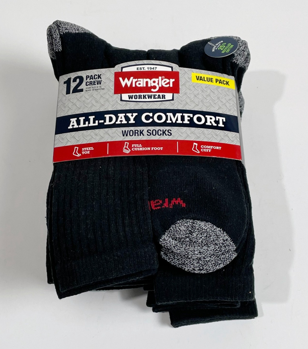 Wrangler Workwear Men's All Day Comfort Work Socks 12 pack Crew Shoe Size 6-12